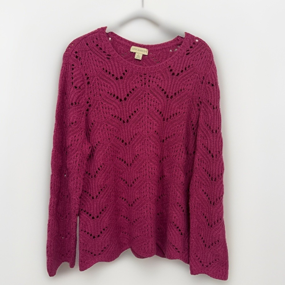 VTG Appleseeds Pointelle Knit Pullover Sweater Scalloped L Fuchsia Grannycore